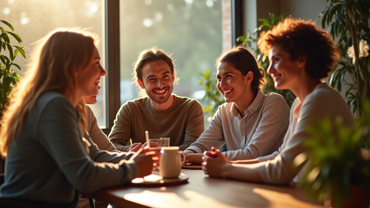 Группа людей весело общается в современном кафе, представляя непринужденную атмосферу обучения